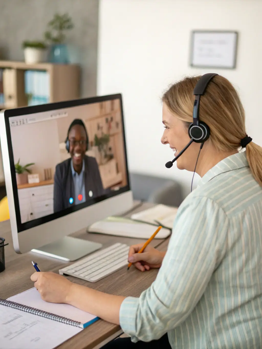 A local Home Town Internet MN support team member assisting a customer over the phone with a friendly and helpful demeanor.
