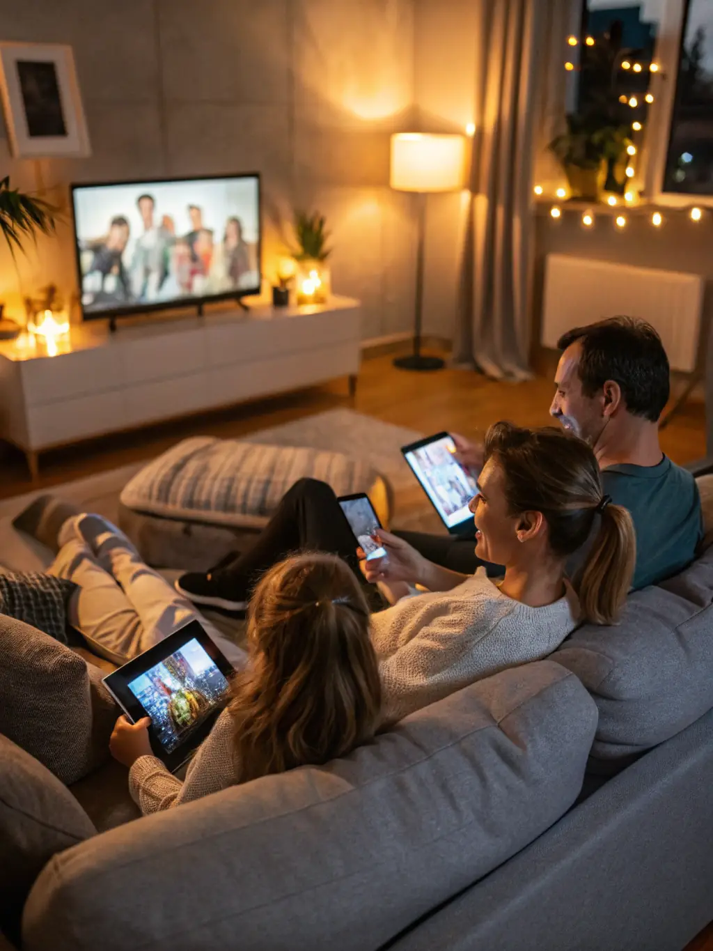 A family smiling and easily streaming a movie on their TV, showcasing the affordability of Home Town Internet MN's broadband plans.